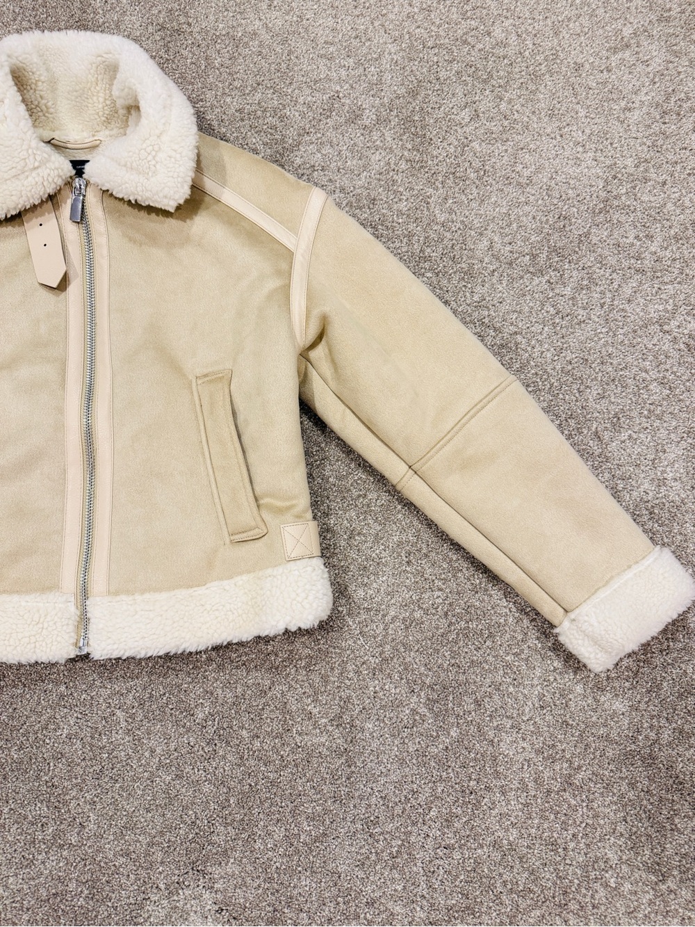 ZARA Double Faced Faux Suede Shearling Jacket Cream Beige Aviator Biker Size XS - Picture 4 of 11